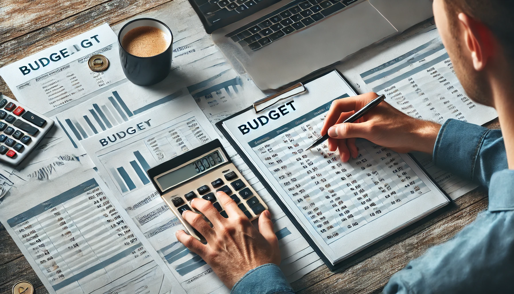 A realistic image of a person working on their financial budget at a desk. The desk has a laptop, a calculator, and a detailed budgeting spreadsheet o