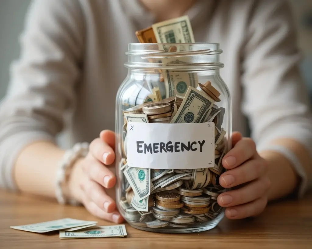 Person saving money in emergency fund jar