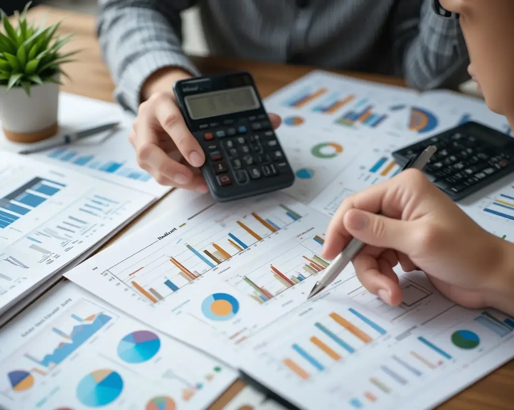 Person planning budget with calculator and charts