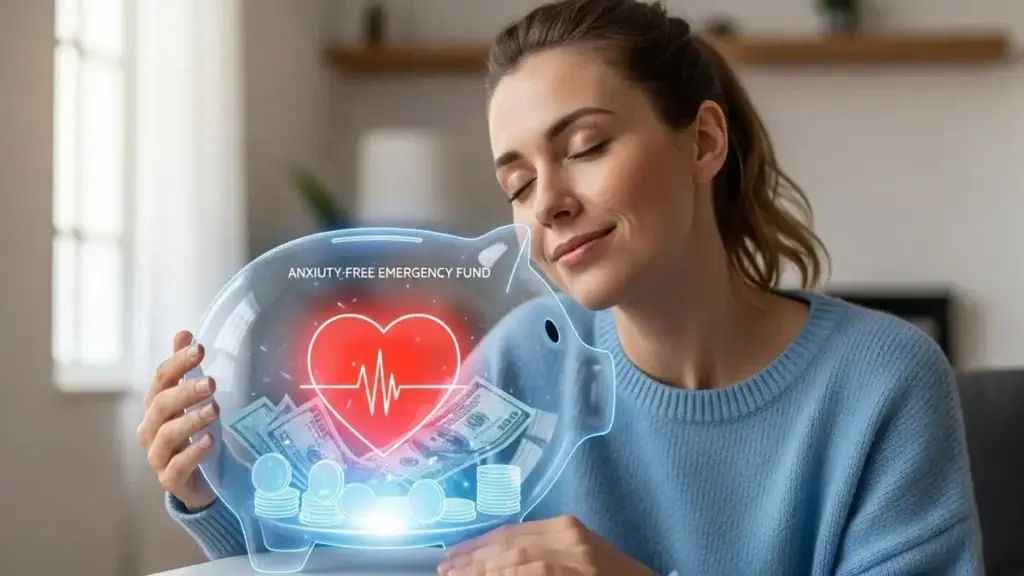 Mulher segurando um porquinho cofre e colocando uma moeda, com um sorriso tranquilo, representando a conquista da segurança financeira através do fundo de emergência.