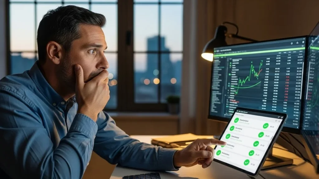Independência Financeira com Limites Digitais - Homem de 45 anos verificando investimentos ansiosamente antes, e depois tranquilo com sistema de limites digitais