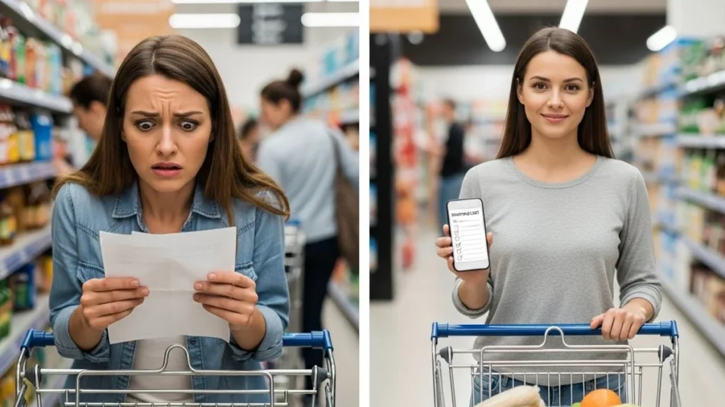 Mulher estressada comparando preços em supermercado antes, e depois tranquila com lista automatizada
