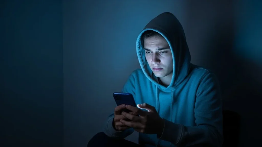 Procrastino Minhas Contas - Pessoa sentada à noite, segurando o celular com expressão de ansiedade ao ver o extrato bancário.