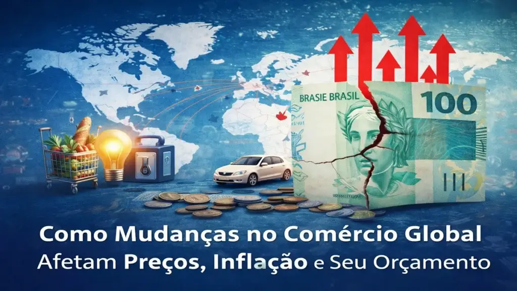 Mudanças no comércio global impactando preços, inflação e o orçamento familiar, representadas por mapa mundial, aumento de custos e cédula brasileira fragmentada.
