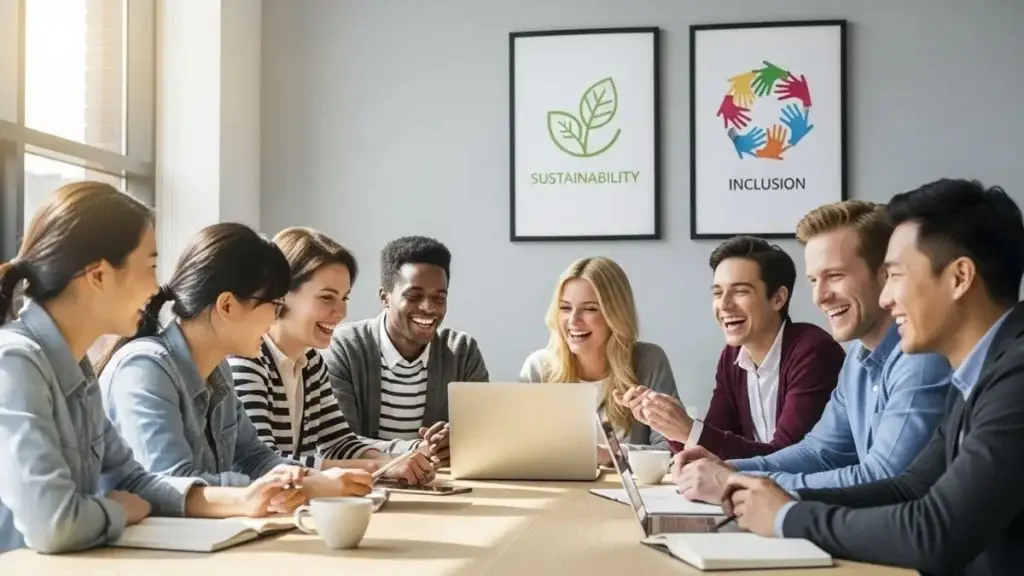 Jovens da Geração Z colaborando em projeto com propósito social em escritório moderno.