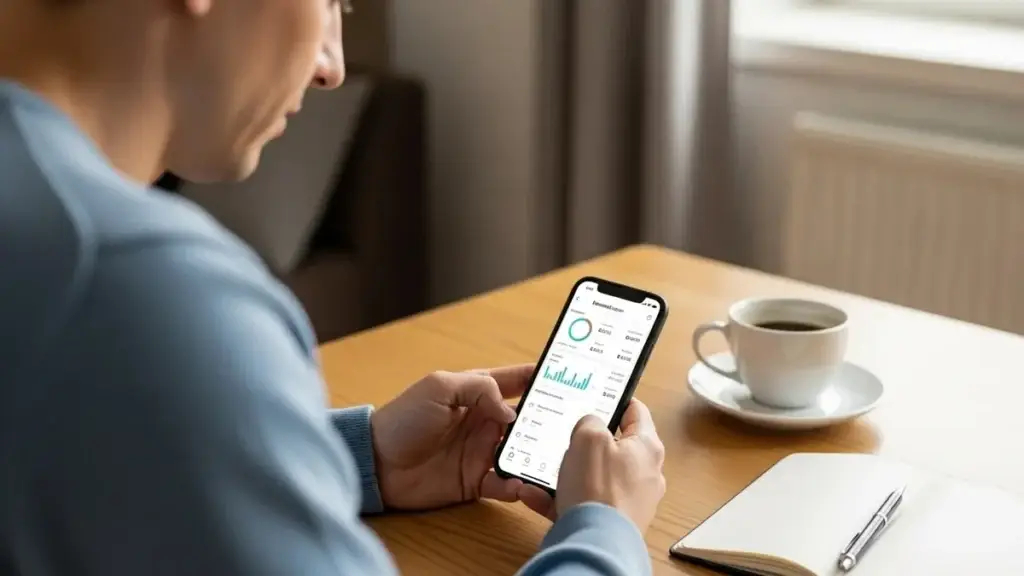 Pessoa comum usando celular com expressão tranquila organizando finanças