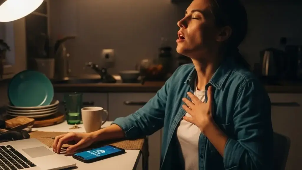 Procrastino Minhas Contas - Pessoa respirando fundo antes de abrir aplicativo do banco