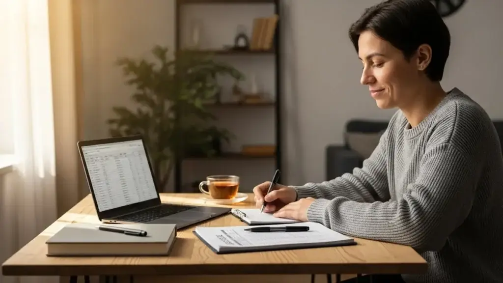 Procrastino Minhas Contas - Pessoa mais tranquila organizando finanças em ambiente simples