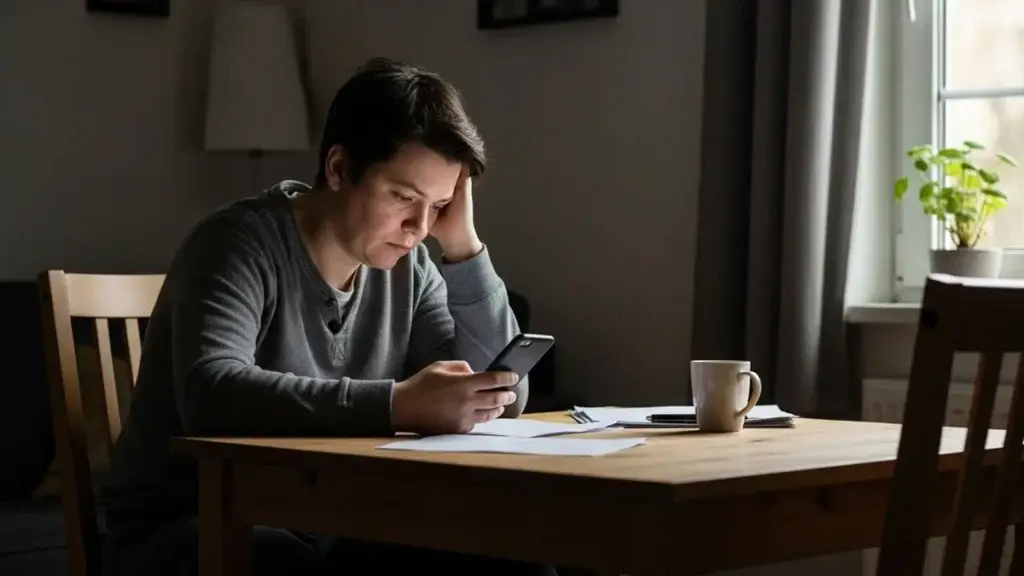 Educação Financeira Não É Falta de Conhecimento — Pessoa cansada olhando para o celular enquanto pensa sobre sua vida financeira no dia a dia