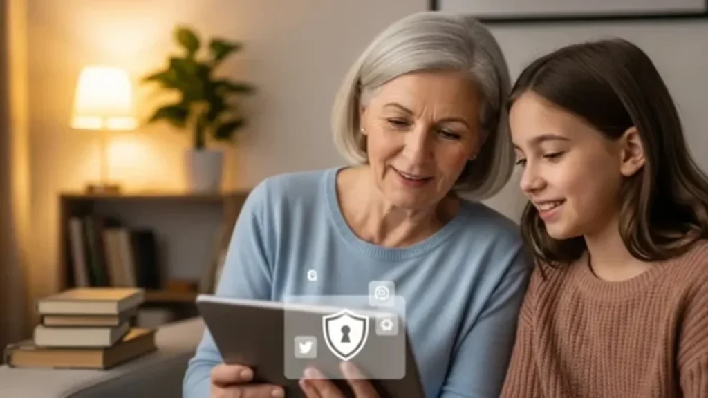 Segurança Digital para Crianças e Adolescentes - Adulto e adolescente conversando sobre segurança nas redes sociais, com tablet em mãos, em ambiente acolhedor.