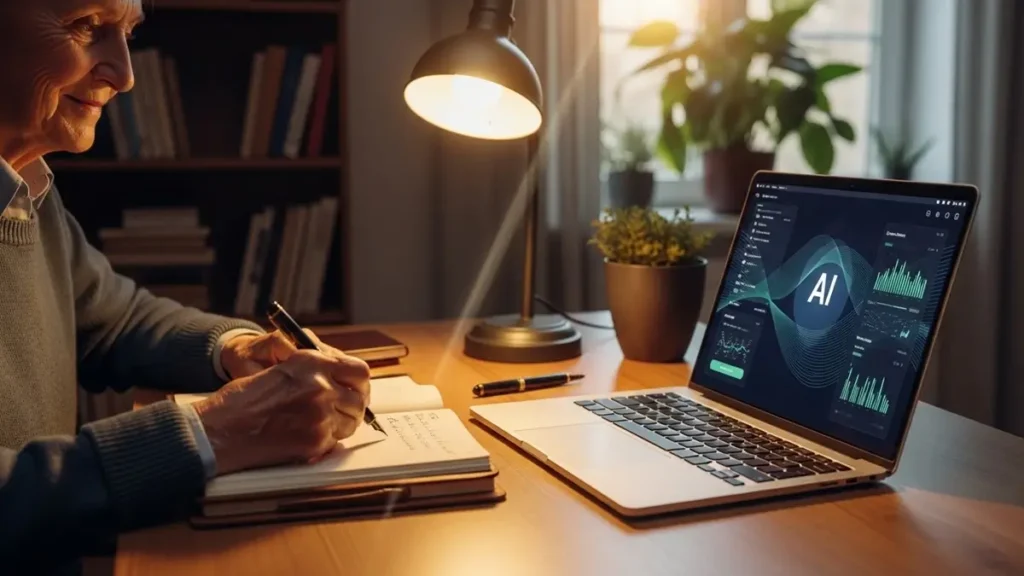 Usar Inteligência Artificial - Avô mostrando para neto uma tela de IA em um tablet, em um momento de conexão intergeracional e aprendizado consciente