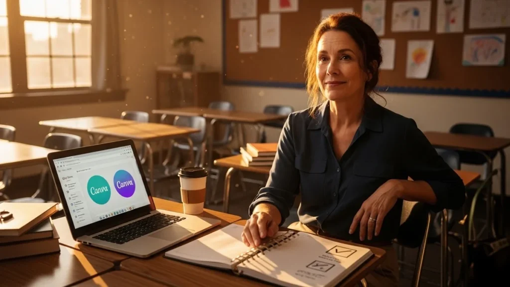 Automação para Professores - Professora sorrindo em sala de aula vazia com laptop aberto mostrando ferramentas de automação, simbolizando alívio da carga burocrática