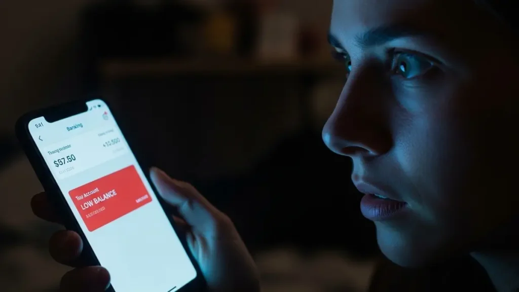 Pessoa com expressão de preocupação olhando para aplicativo de banco no celular à noite, representando ansiedade financeira e medo de verificar saldo