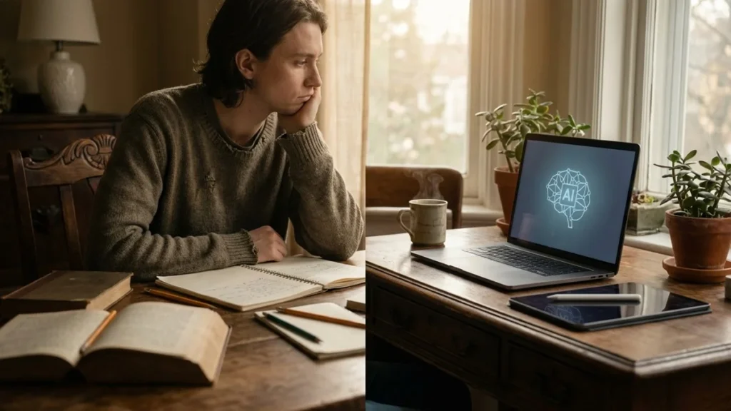 O Pânico Silencioso dos Especialistas em Tecnologia - Pessoa pensativa em mesa com caderno e laptop, simbolizando equilíbrio entre o analógico e o digital para ilustrar artigo sobre independência tecnológica.