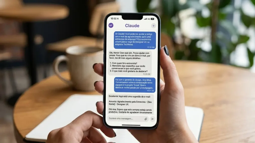 Claude de Graça - App do Claude aberto em celular com conversa em português